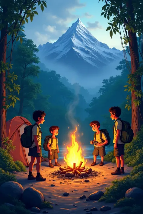 Create camping banner jungle tent campfire scouts mountain background