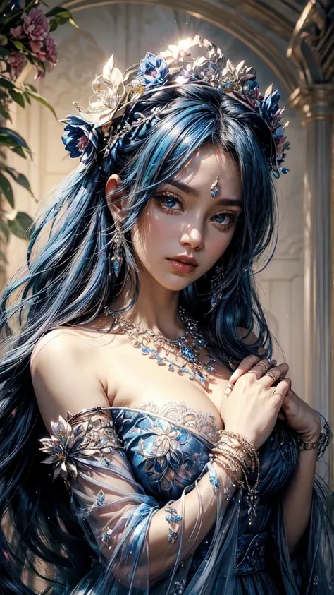 tmasterpiece，Highest high resolution，((((ruit))))，Dynamic head photo of beautiful aristocratic girl，Blue hair is elegantly coiled，（((Wearing a huge flower crown、Hats，jewelery，adiamondnecklace)))，Purple clear eyes，(((The hair is covered with beautiful and d...