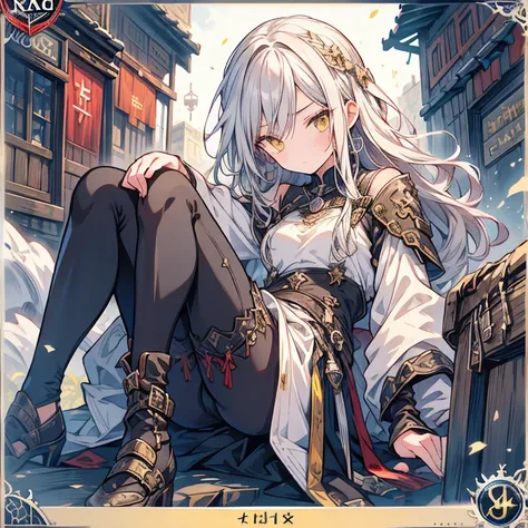 Trading Cards、young GIRL ,Mischievous Woman, Gray Hair, Black clothes, With no expression,   yellow eyes,  characters, anime, rpg, hand drawn,   high detail ,  medieval city background 