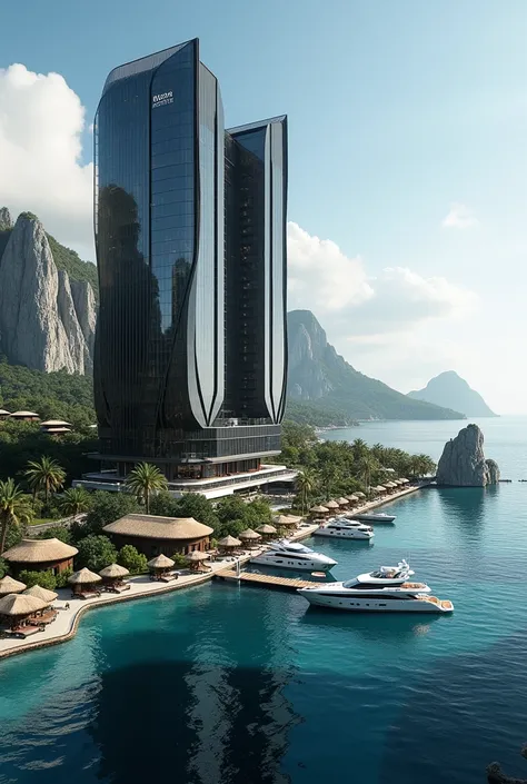 Generate a Futuristic and Luxury Building with the logo RUSDHY HOTEL, Slight Variation of Transparent Black and Grey color style on the wall, surrounded by many small, simple, thatched-roofed antique lagoon water villas granite rocky in the ocean, there a ...