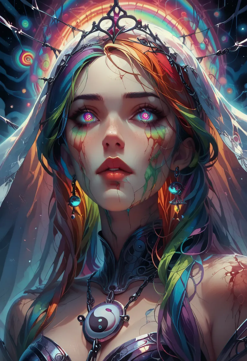 cartoon style, masterpiece, best quality, ultra high res, extremely detailed, (psychedelic art:1.4), woman, veil, visually stunning, beautiful, award-winning illustration, cosmic space background, ethereal atmosphere, ultra quality, beautiful girl, cosmica...