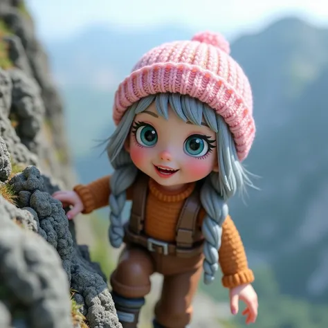 Create a 3D art toy of a  girl with ash-gray hair, wearing a pastel pink knit hat. She has big turquoise eyes, a sweet smile, and is dressed in a brown climbing outfit. The realistic scene depicts her climbing a steep mountain.
