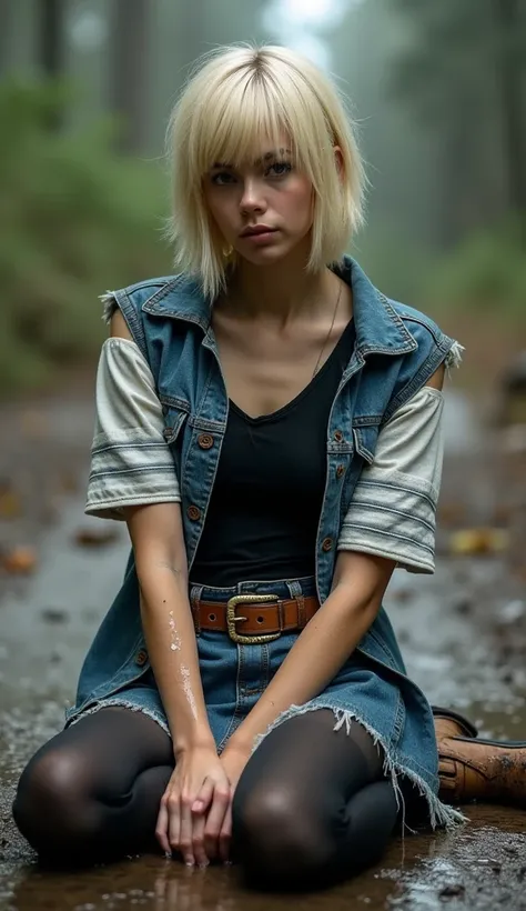  women with a cosplay of Android 18 of Dragon Ball z , natural blonde hair cut BOB LONG with lots of mud,  tight black t-shirt with white sleeves with several very thin horizontal gray stripes,  sleeveless denim jacket frayed edges ,
denim miniskirt, light...