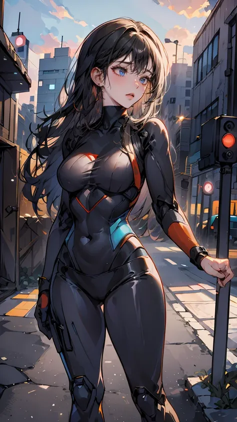 whole body, whole body,  from head to toe, 1 girl in a futuristic robot suit, Background of a ruined town in the near future,Behind is the remains of a giant robot、 medium hair