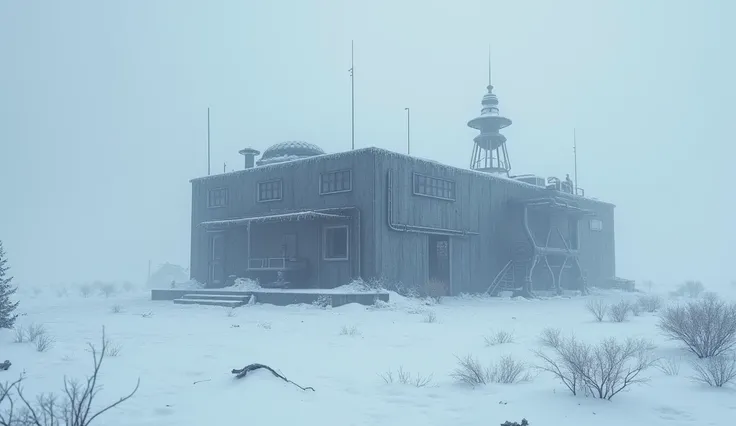 A lone abandoned research station in the Arctic, surrounded by a raging snowstorm, atmospheric desolation, heavy snow, howling wind, icy tundra, dim lighting, dramatic shadows, detailed ice crystals, abandoned equipment, decrepit structures, sense of isola...