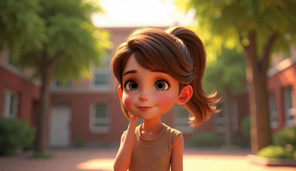 A girl, with brown hair tied in a ponytail, Scene in a school, Sofia is in the courtyard surrounded with a hand fixed on her chin, looking reflective. Sofia has an initially sad but determined expression. The daylight is strong, with trees and school walls...