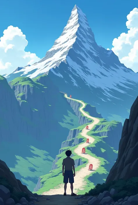 a person standing at the base of a mountain, looking up at the peak symbolizing their goal. There are multiple paths winding up the mountain, each marked with different tasks or actions. One path is more direct and clear, while others are less defined or t...