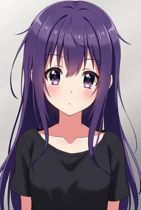  An anime cartoon girl with long and straight hair dyed purple, and black colored eyes ,black colored shirt 