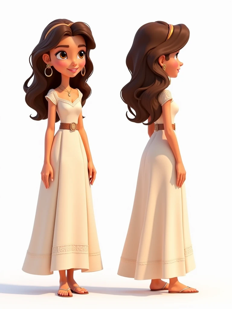 Create a character turnaround sheet for an animated series. Disney/Pixar style. Princess with wavy brown hair and brown eyes, slightly tanned skin. Generate image with all white background.