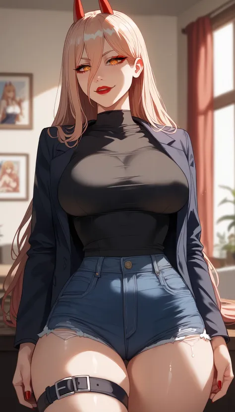  perfect eyes、 perfectly sexy face、ultra detailed、 yellow eyes 、Power、Chainsaw Man、Hair with a light shade of red、shiny hair、( Big breasts ), black shirt、black jacket、Tight Waist、 thin waist 、 dark blue denim shorts、 Thigh straps 、 shiny skin 、 tanned skin...