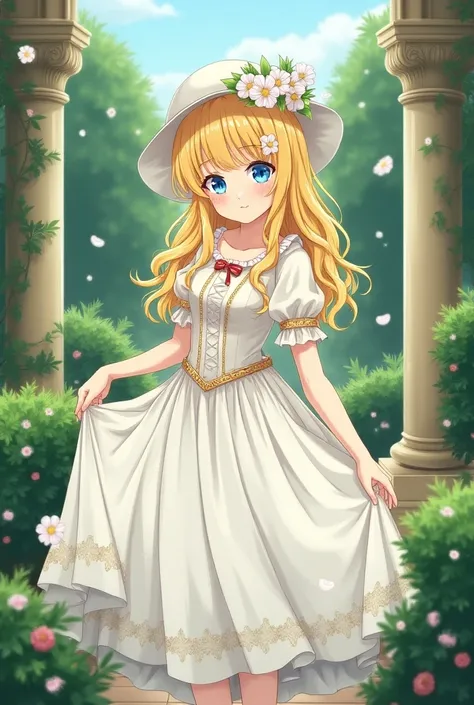  Create in anime style . Beautiful young girl ,  who is in the royal garden ,  wearing a white hat and white princess dress, yellow hair, blue eyes. 