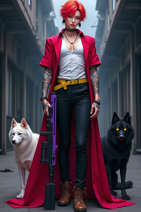 Create a cool Korean anime cinematic character with short emo hair, bright red yellow, strong, wearing long black earrings, Wearing a long red robe with a short-sleeved white suit, his arms full of contemporary tattoos, Wearing black trousers with a yellow...