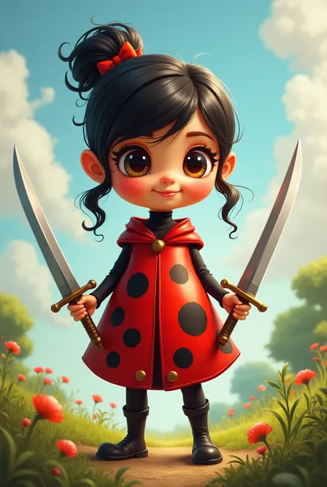 cute cutie .
 bug girl ladybug with a girls face.
 art.  on his feet with black shoes. holds swords 