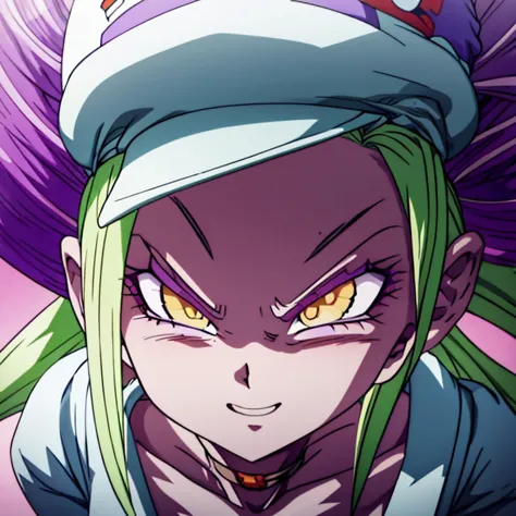 anime, high detailed, dbsuper style, 1 girl, wizard hat, evil grin, violet clothes, wizard's hat, long green haur