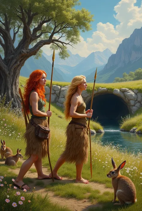  2 Neolithic women ,  the other has red hair and a gentle expression ,  with golden hair and arrows ,  confident in a flower field with a spear in their hands 々Walk to,  hunting hares and hares , Ancient Tree々 and a cave hidden in the background , oil on c...