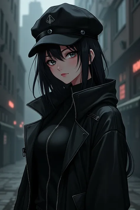 anime woman wearing black jacket with cap