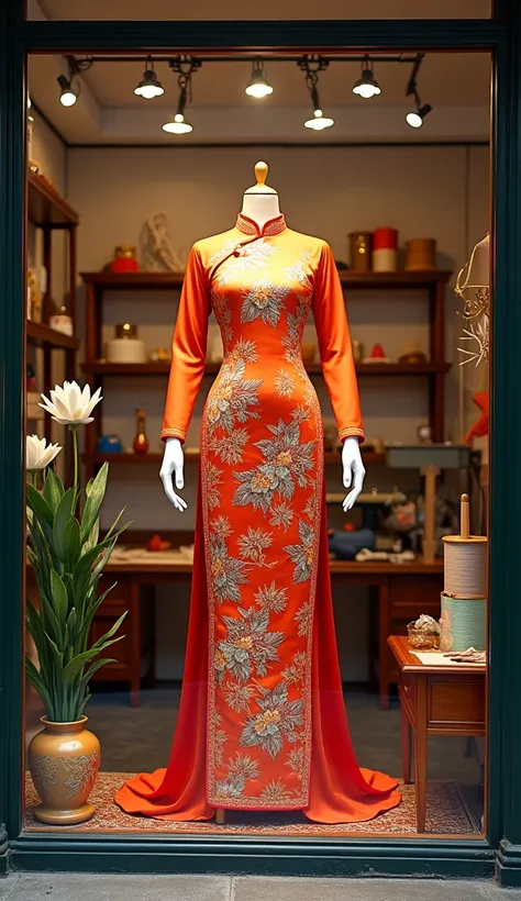 window display, tailor workshop, Ao Dai, Decor with needle, thread, sewing machine, scissors and lotus and bamboo, a manorcan with Vietnamese traditional styles, machine, no people just mannequin