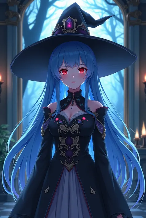  1 girl,  high resolution, Long hair, Red eyes,  Blue Hair,  high resolution,  Masterpiece ,  high-profile room, The background is in the dark deep forest, สไตล์Anime, Anime, Wear a witch costume, boobs, 