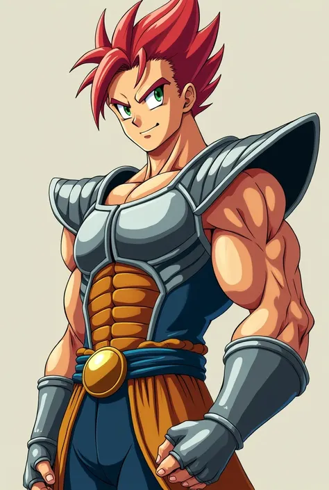  A full shot dragon ball-style portrait of a burly young man with short reddish and smooth hair, green-eyed, He wears Saiyan armor and is smiling 