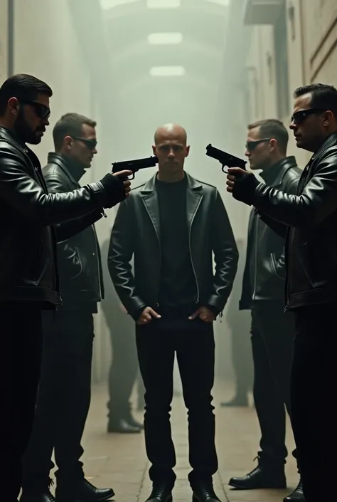 Surrounded by 5 men wearing leather jackets and leather pants and sunglasses, 2 of them point a handgun