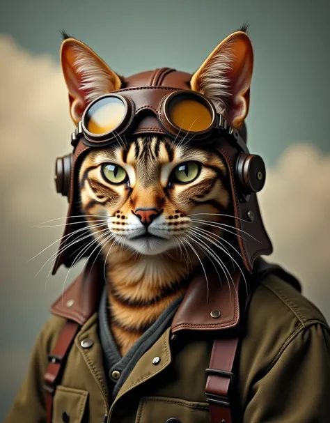 vintage WW2 fighter pilot cat portrait, tabby cat wearing authentic 1940s leather flight cap and goggles, weathered brown leather aviator cap with ear holes for cat ears, detailed leather texture and straps, classic yellow-tinted pilot goggles, military gr...