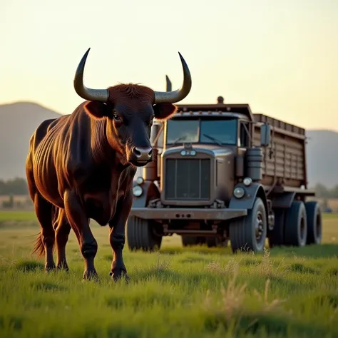 

prompt:

" A muscular and strong bull is standing in a green field ,  with its fur dark and bright that stands out in sunlight .  The bull has large, backward curved horns ,  with a fierce and challenging expression on its face . At your side,  there is ...