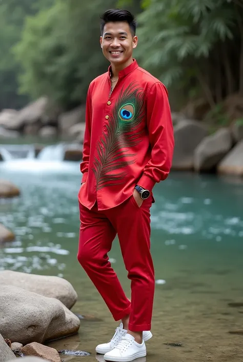 a handsome Asian man, short and neat hair, wearing a red long-sleeved t-shirt with a combination of peacock feather motifs, wearing a necklace, wearing a watch, wearing jeans and white shoes, posing elegantly next to a rocky river, with a cheerful expressi...