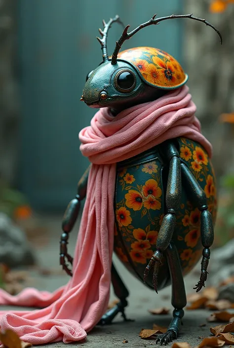 floral beetle wearing a (long:1.2) pink (scarf:1.3), a beetle with arms and a head, (dark shot:1.17), epic realistic, faded, ((neutral colors)), art, (hdr:1.5), (muted colors:1.2), hyperdetailed, (artstation:1.5), cinematic, warm lights, dramatic light, (i...