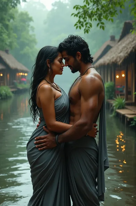 in a rainy day a busty women with huge breasts in grey saree intimate with her husband beside a river in an Indian village, forest capming