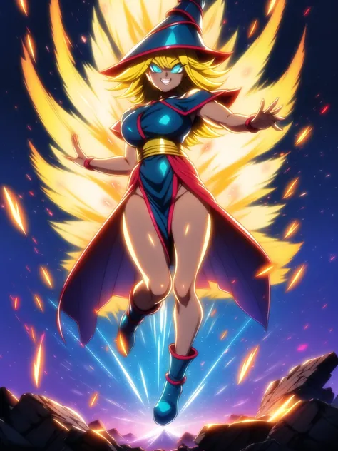 
dbsuper style, (extremely detailed CG unity 4k wallpaper),(masterpiece),(ultra quality),(ultra-detailed),(best illustration),(best shadow),(absurdres),masterpiece, best quality, cinematic light, 1girl, grin, dark magician girl, blonde hair, blue headwear,...