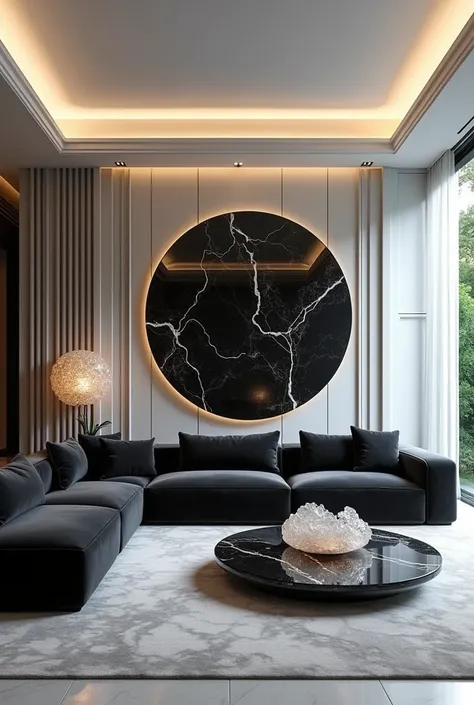 Professional 3d architecture rendering design of modern and minimal and high tech design for elegant and luxurious living room with elegant and luxury white shiny glassy crystal small middle table and Shiny black velvet sofa and  luxurious circular Black a...