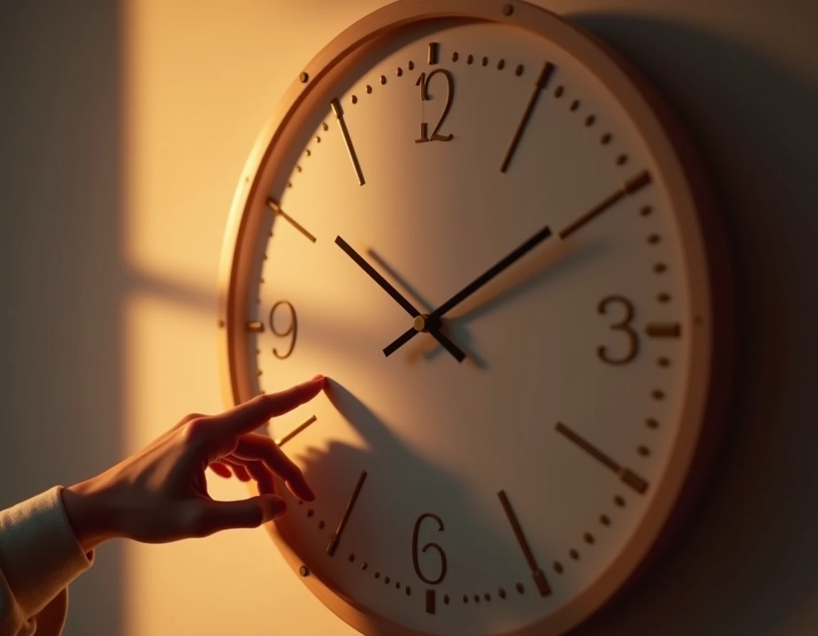 a minimalist large clock,close-up,finger pointing at clock,highly detailed,photorealistic,studio lighting,ultra-detailed,sharp focus,physical-based rendering,cinematic lighting,vivid colors,warm color tones