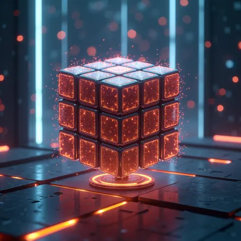 Set up a Rubiks Cube logo,The 3x3 Rubiks Cube ，Science Fiction，Pulsating，future，realistic， high resolution，Rubiks cube particle composition