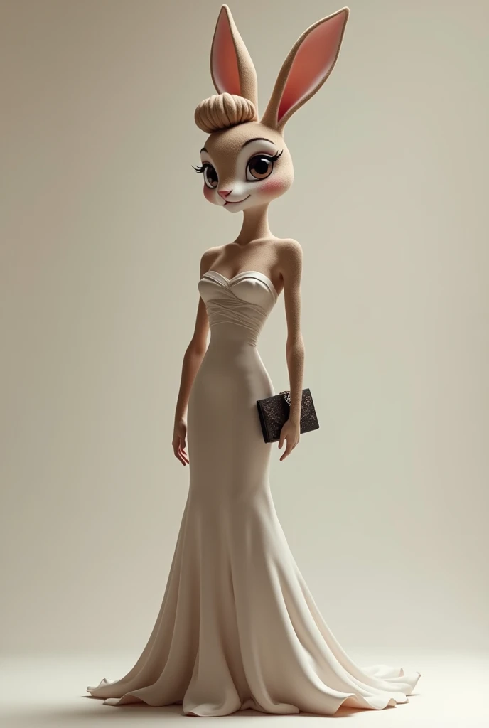 Bunny wearing floor-length, strapless gown, carrying clutch, with sleek updo