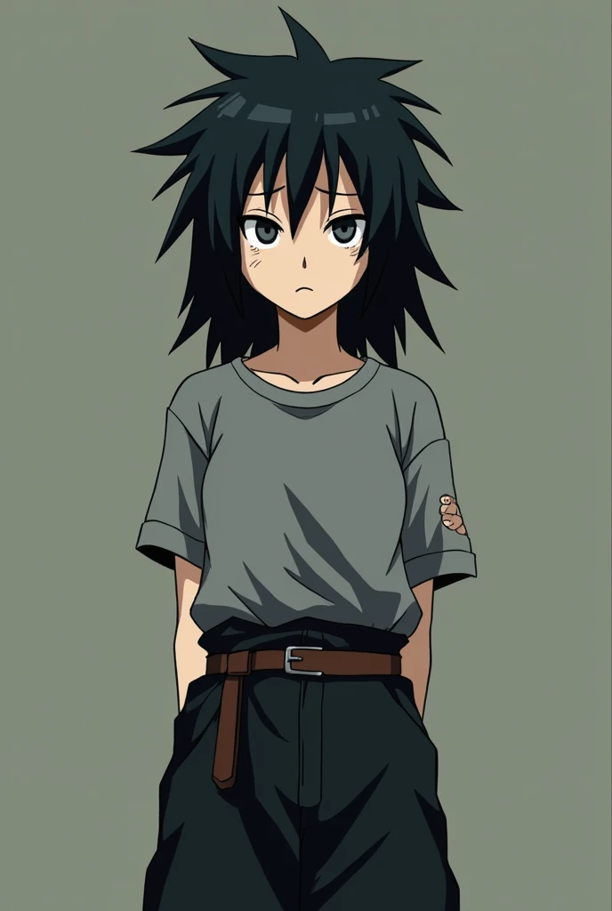  Make me a female character in the anime style  "Naruto Shippuden".  This character has an appearance serious and possibly melancholic .  Her hair is black ,  messy and medium length , He has it tied up ,  falling into uneven tufts on the sides of his face...