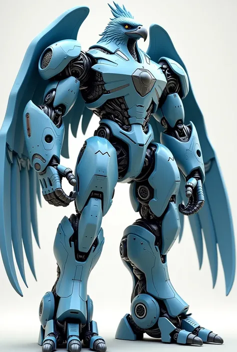 3D animation full body character of giant humanoid, it has eagles head, it look like Magiranger Garuda mixed with Jet Icarus, Ironman, Jiban, Metalder, Steel God Jeeg, Garo Ryuga armor, Freedom Gundam and Garuda, it has optimistic blue color body, it stand...