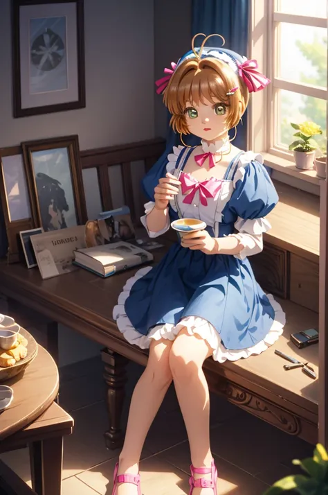 A beautiful lolita girl sitting in a room next to a window, anime girl, 20 years old girl, Kinomoto Sakura, bedroom, pastel color, pink two-piece frilly lingerie, beautiful sexy body, beautiful legs, full body, big rounds breasts, twintails, hairclip, pink...