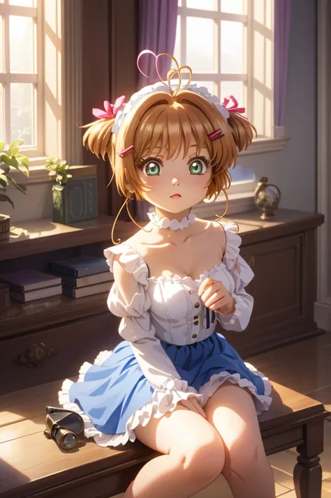 A beautiful lolita girl sitting in a room next to a window, anime girl, 20 years old girl, Kinomoto Sakura, bedroom, pastel color, pink two-piece frilly lingerie, beautiful sexy body, beautiful legs, full body, big rounds breasts, twintails, hairclip, pink...