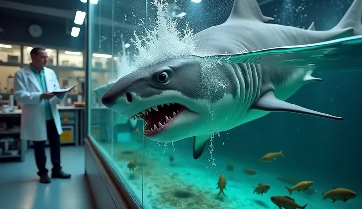 "A close-up of the shark repeatedly colliding with the transparent glass barrier in the water tank. The shark is aggressively attempting to reach the bait fish on the other side, its head pressing against the glass. The bait fish remain safe on the other s...