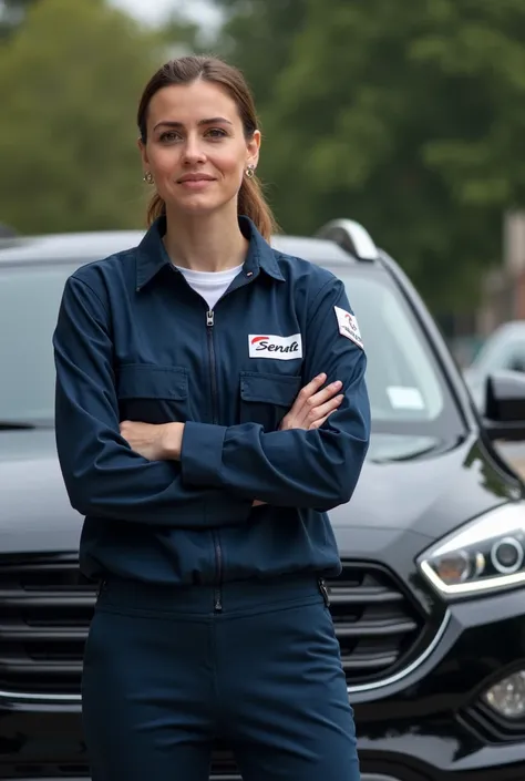  person doing an automotive technical report  ( mechanical with the logo of the “Senate” institute on their clothes)In front of a car ( natural image )