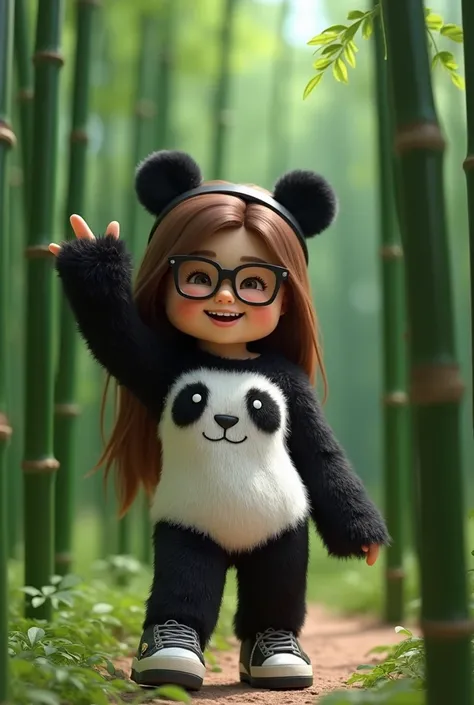 gfx roblox realiste fille qui a des cheuveux marron des lunette un ensemble panda avec des bambou derrière elle et qui fait salut avec ça main
