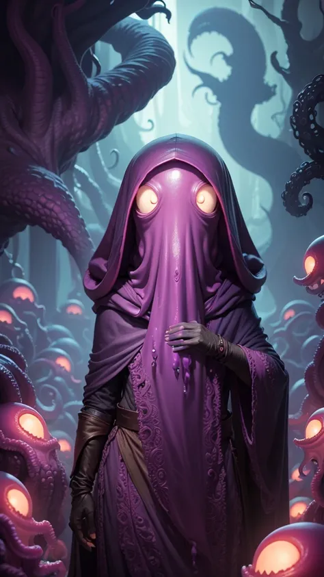 small mindflayer slime , tentacled slime creature, tentacle monster, illithid slime, from pathfinder, big tentacle sneak around, mind flayer, his trunk is a long tentacle smiled, tentacle beast, cthulhu squid slime