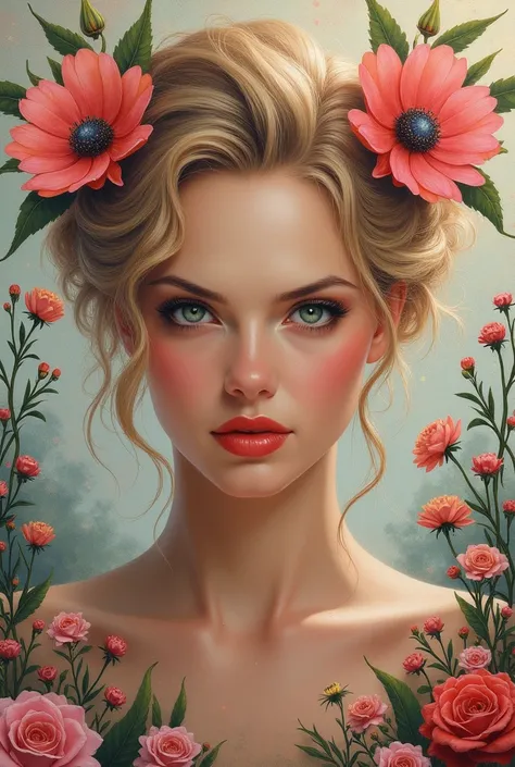 Charlize Theron in A botanical masterpiece in the style of Marco Mazzoni, detailed, hyper-realistic, front view, elemets of symbolism and surrealism, a painting by mse a attractive seductive Charlize Theron by agnes cecile, luminous design, pastel colours,...