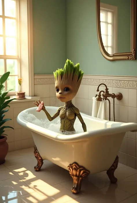 Dessine bebe groot qui prends sa douche dans sa superbe salle de bain, il se lave avec un gant et a de la mousse partout