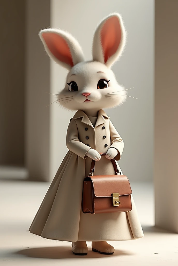 Bunny in sophisticated, A-line gown, holding leather tote, with chic bob.