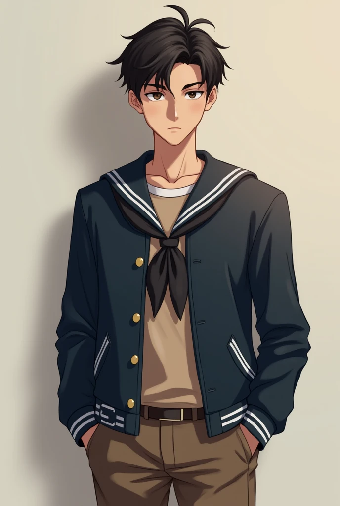 Alone , Teen looks handsome in high school aged 17 in navy uniform, Sailor Collar Dress Brown Long Sleeve Shirt ,Brown long pants,  Brown Uniform , Realistic images,  high resolution, 