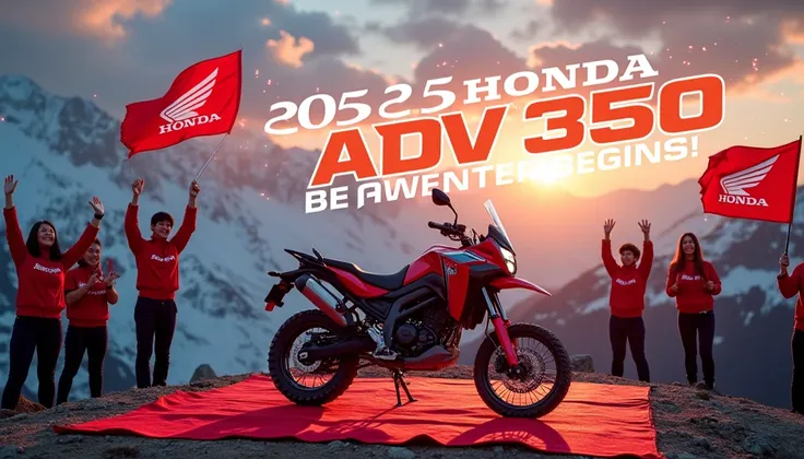 A captivating and dramatic thumbnail featuring the unveiling of the 2025 Honda ADV 350 on a breathtaking mountain peak. The motorcycle sits proudly on a raised platform, draped in a red cloth awaiting the grand reveal. The Honda team, adorned in their bran...