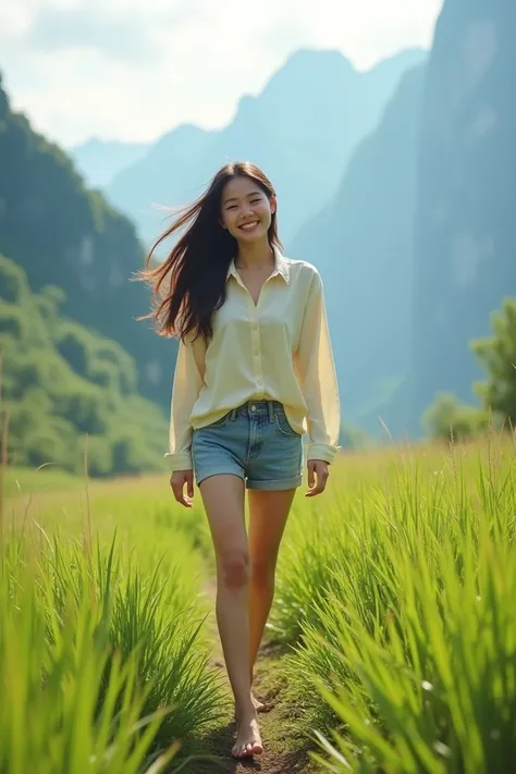 Full details, High definition, Realistic, 22-year-old beautiful Malaysian Korean Japanese girl wearing a cream-colored long-sleeved shirt and shorts walking, no shoes, smiling brightly, walking on the grass in the middle of a vast field, in the middle of a...