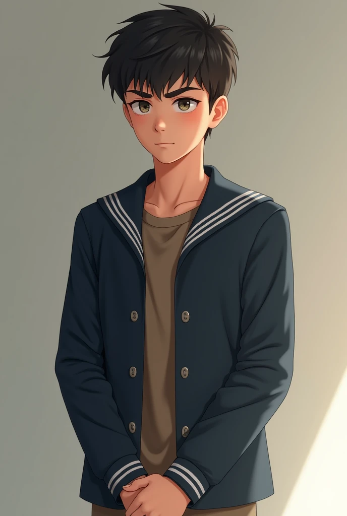 Alone , Teen looks handsome in high school aged 17 in navy uniform, Sailor Collar Dress Brown Long Sleeve Shirt ,Brown long pants,  Brown Uniform , Realistic images,  high resolution, 