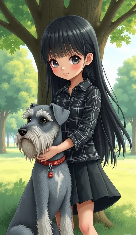  Book cover with the name , The torture of thinking of yourself ,  that the drawing is a girl with a hand drawing style ,  girl with long black hair black plaid shirt with white and a black skirt , under a tree in a park , Let it be seen that it is a big p...